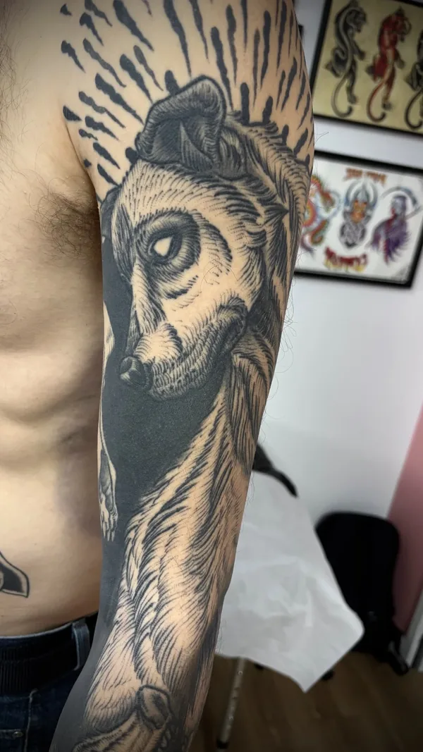 Tatouage gravure, illustratif et trad revisité réalisé par Julien L’Apostat, à Toulouse