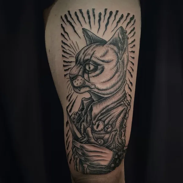 Tatouage gravure, illustratif et trad revisité réalisé par Julien L’Apostat, à Toulouse