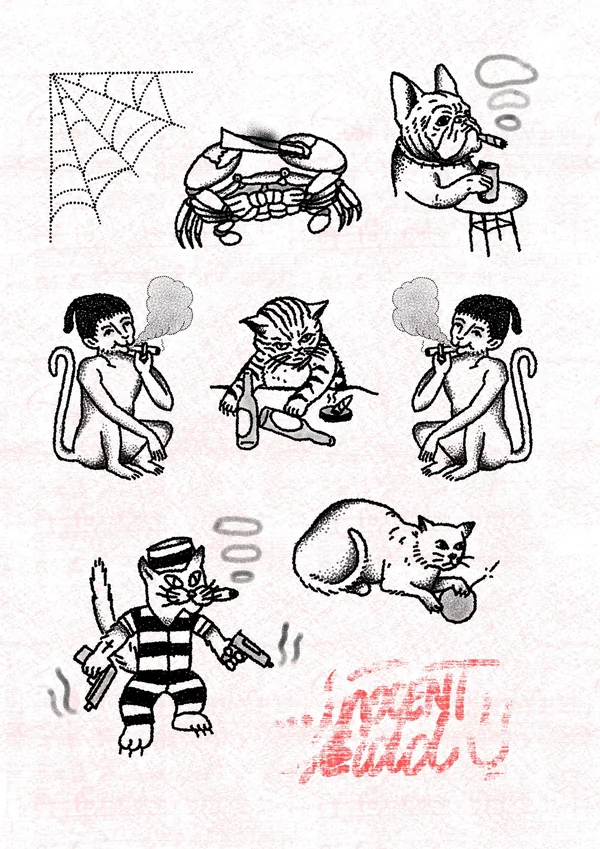 Planche de flashs d'Inocent Kidd : toile d'araignée, crabe, bouledogue, singes et chats