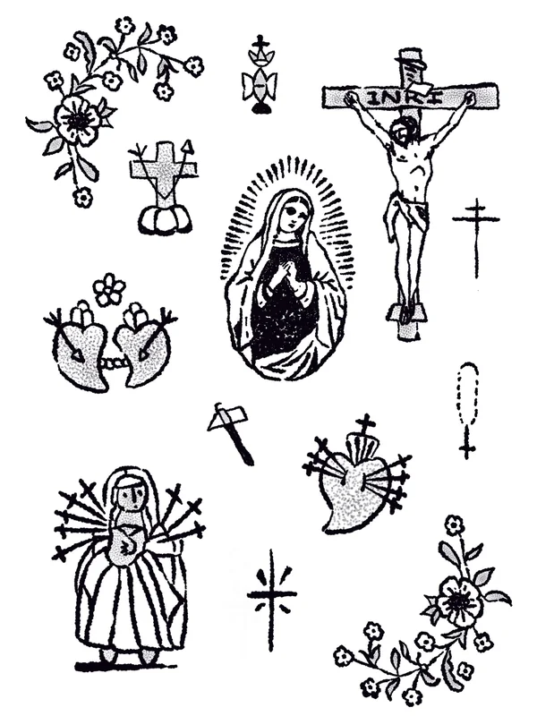 Planche de flashs d'Inocent Kidd : Vierge, crucifix, cœurs percés, fleurs