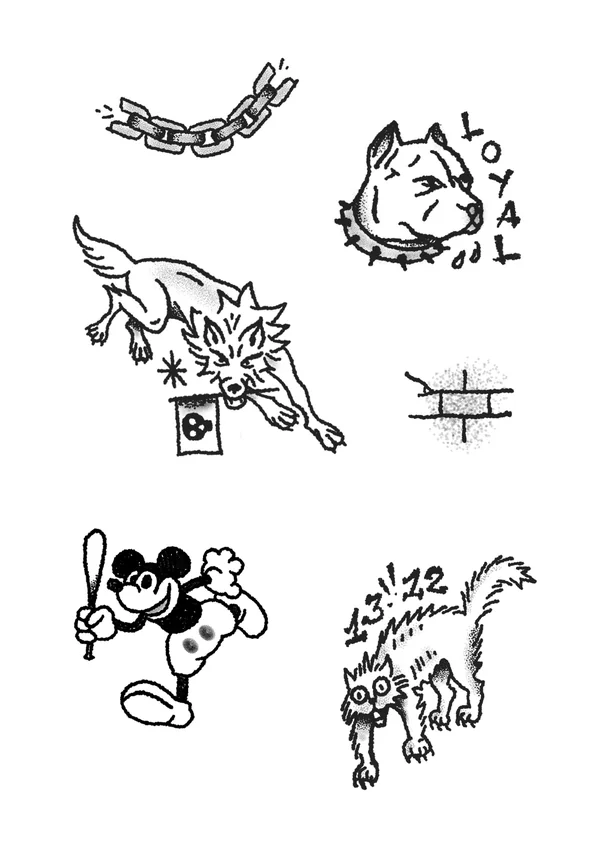 Planche de flashs d'Inocent Kidd : chaîne, chien « Loyal », loup, Mickey à la batte, chat
